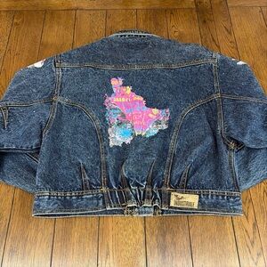 VTG 80s 90s Denim Jacket Nuovo Industriale Sz L WORN THRASHED Glitter Graffiti.
